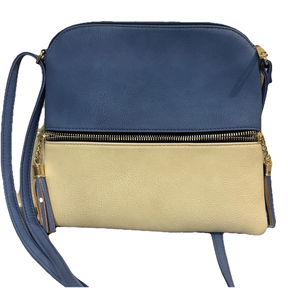 Blue & White Two Toned Crossbody Purse Bag Handbag Zipper Striped Interior Roomy